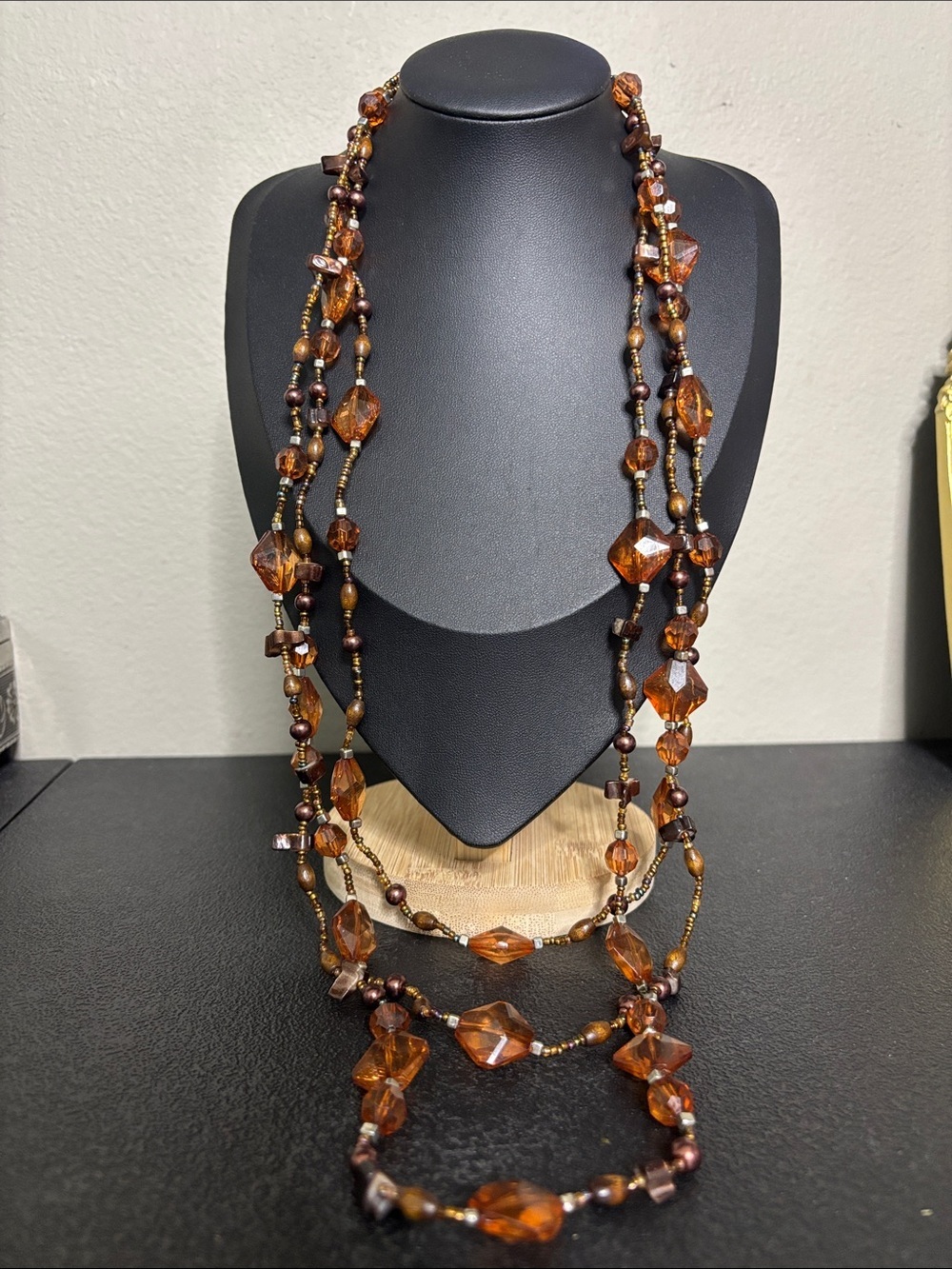 Brown Amber multi Media Multi-Strand Beaded Long Necklace
